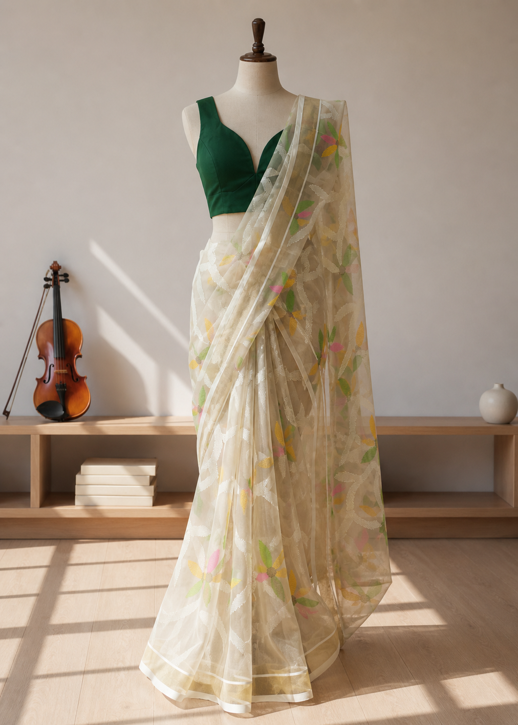 Gul-Abhaar Hand Embroidered Muslin Saree