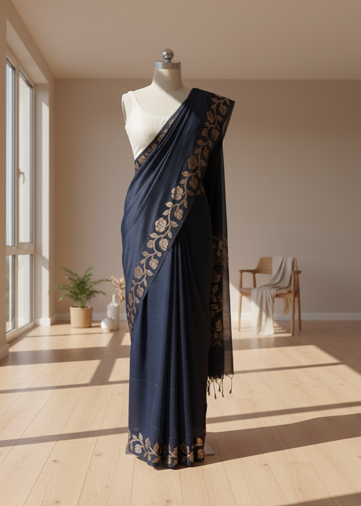 Navy blue linen saree with gold patterns on a mannequin in a well-lit room.