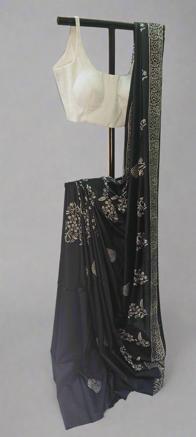Night Garden Black Floral Block Print Saree