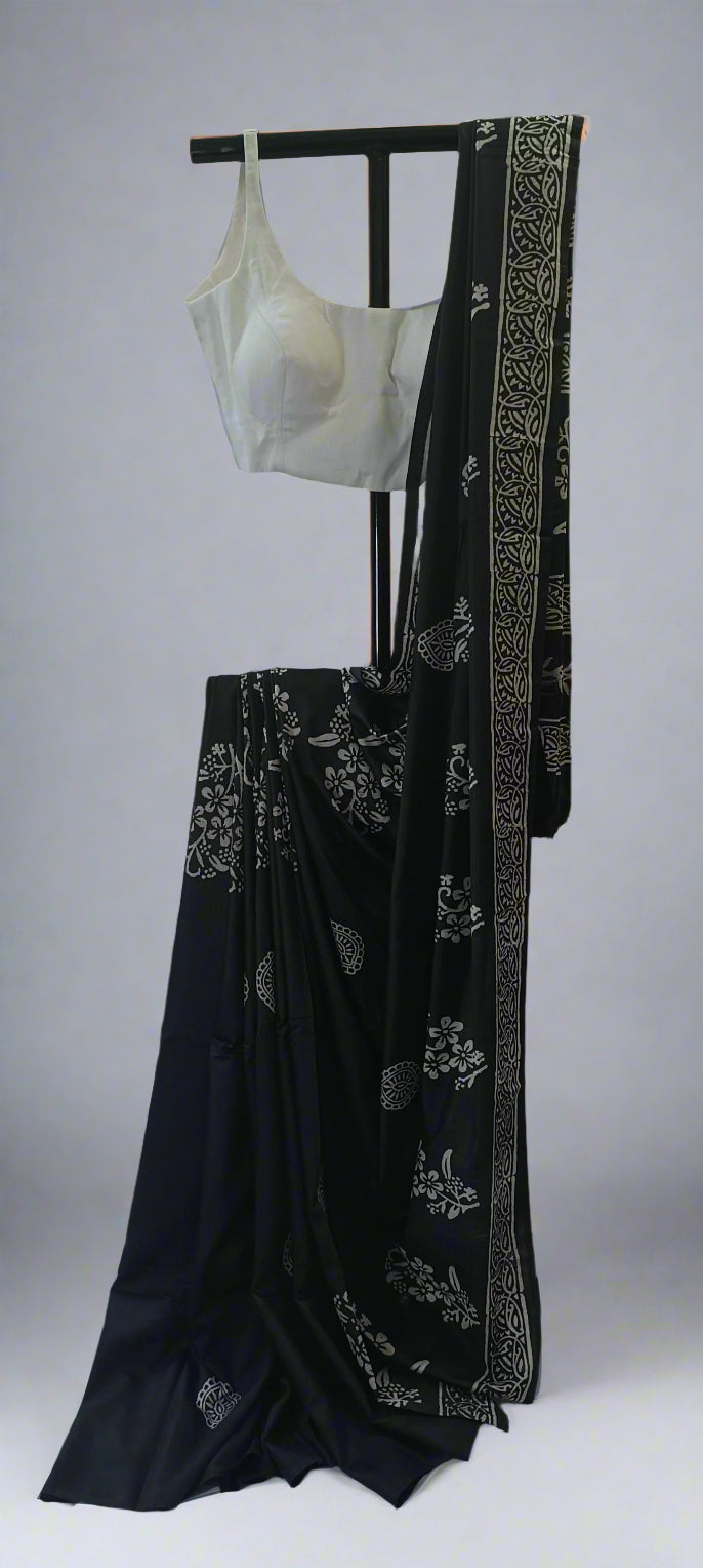 Night Garden Black Floral Block Print Saree