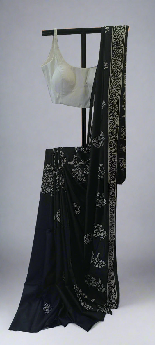 Night Garden Black Floral Block Print Saree