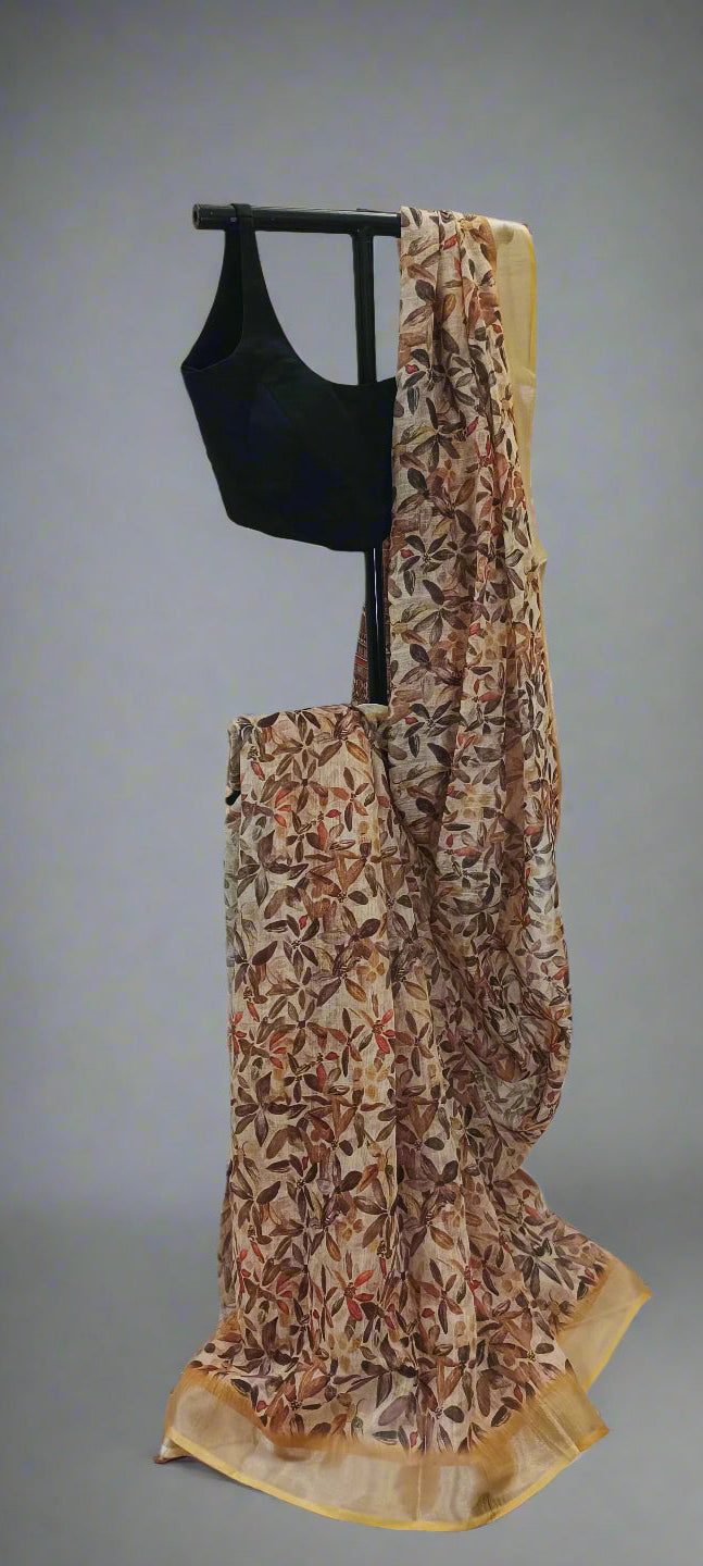 Patralekha Linen Saree with Leaf Print