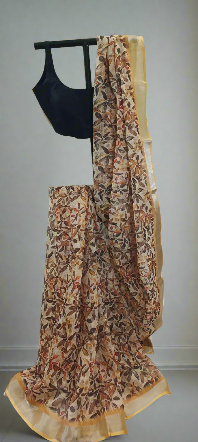 Patralekha Linen Saree with Leaf Print