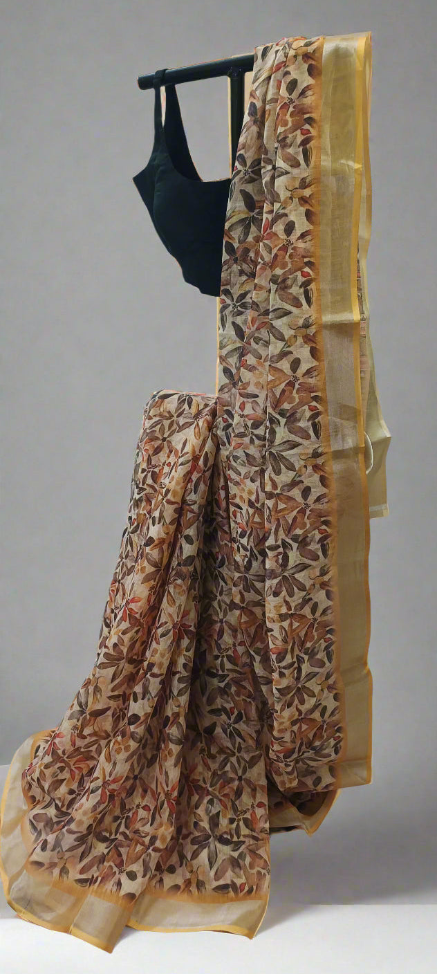 Patralekha Linen Saree with Leaf Print