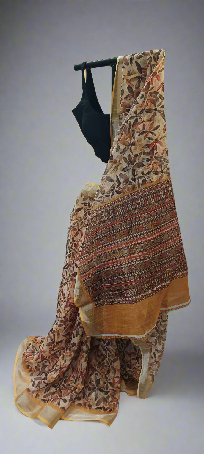 Patralekha Linen Saree with Leaf Print