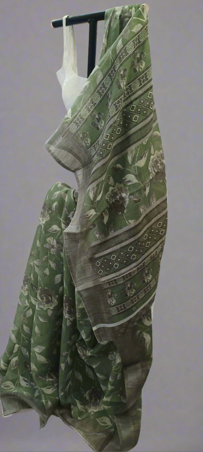 Vanashree Linen Saree with Sepia Floral Print