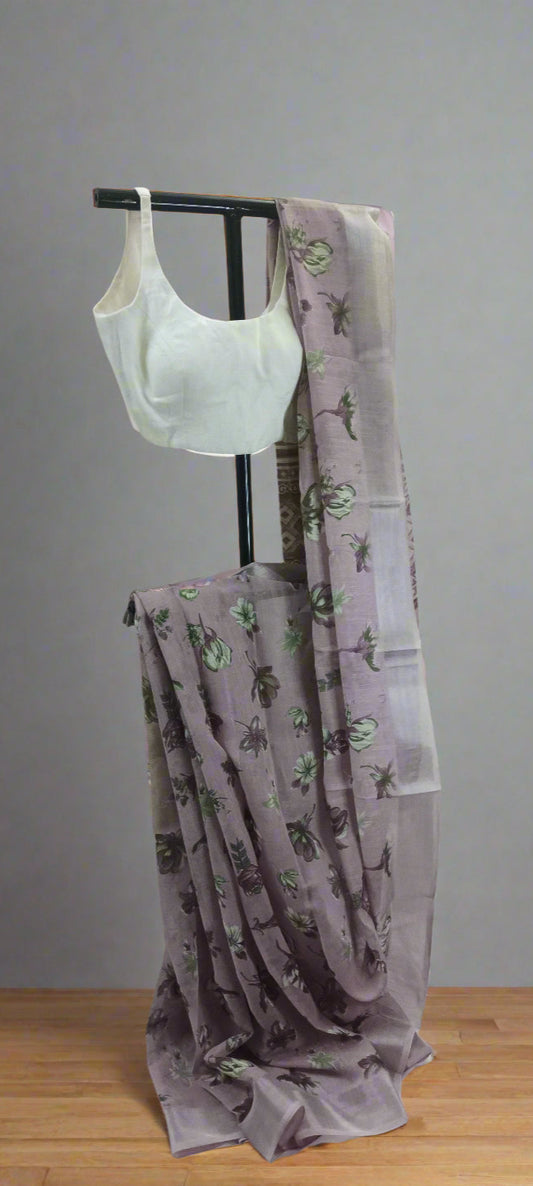 Lilac Smoke Printed Linen Saree