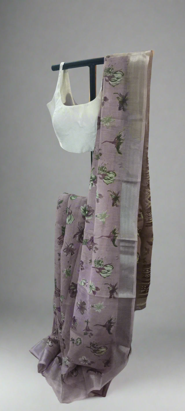 Lilac Smoke Printed Linen Saree