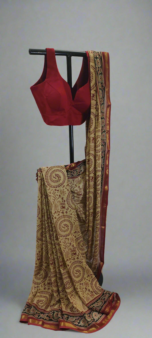 Tamal Gold Maheshwari Dhabu Print Saree