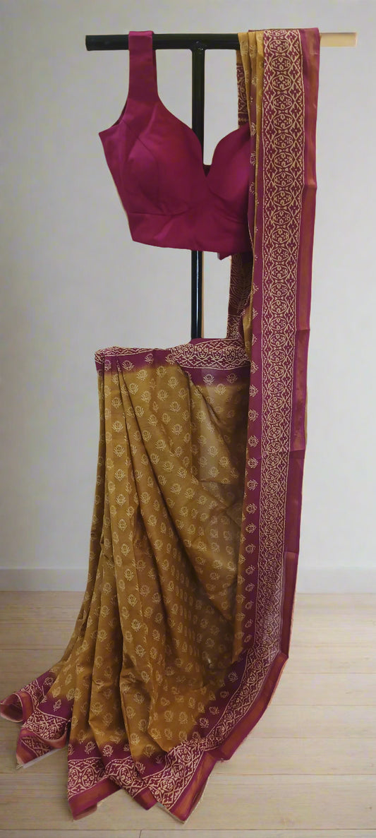 Gulmohar Rust Maheshwari Dhabu Print Saree