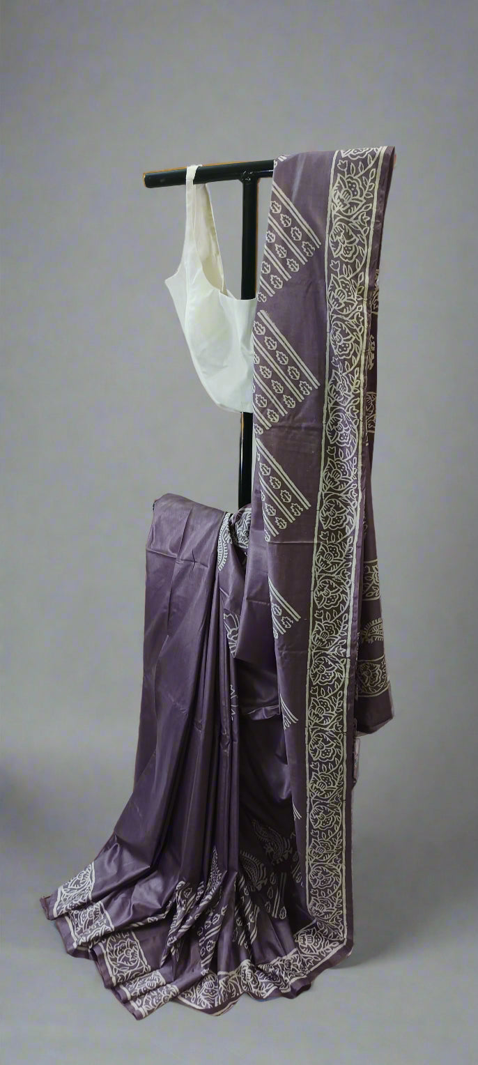 Lilac Kalpataru Bishnupuri Block Print Saree