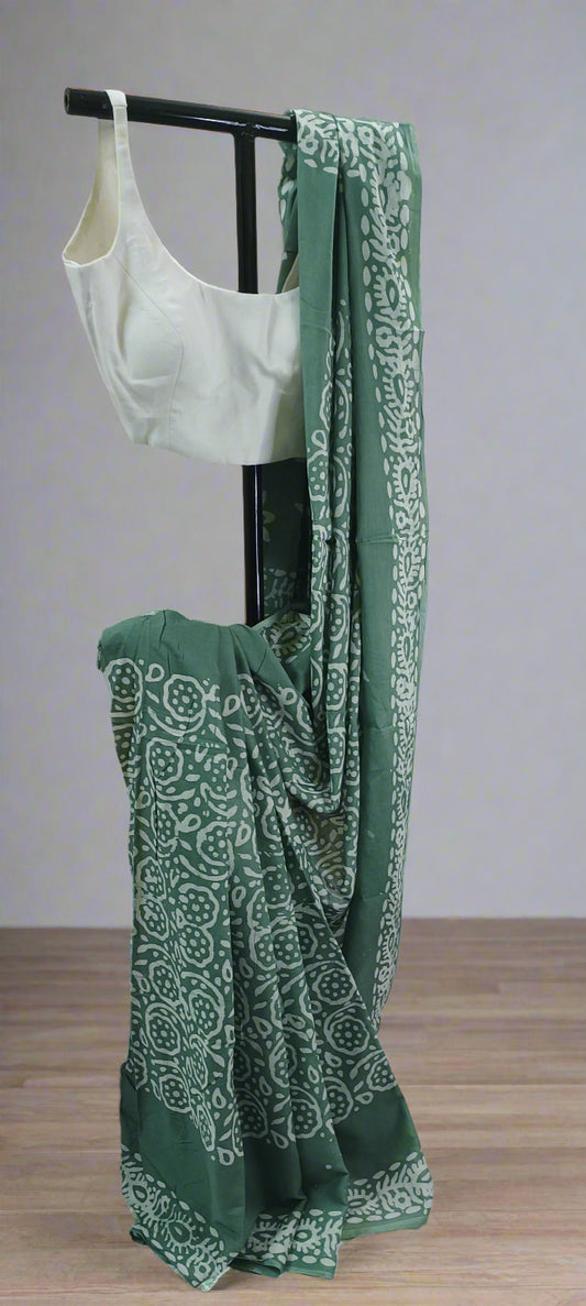 Pond Moss Hand Batik Cotton Saree
