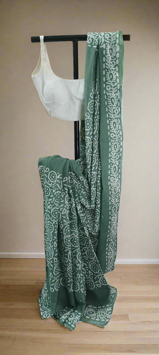 Pond Moss Hand Batik Cotton Saree