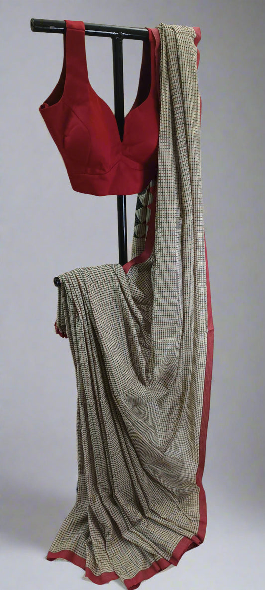 Memory Grid Kantha Stitch Cotton Saree