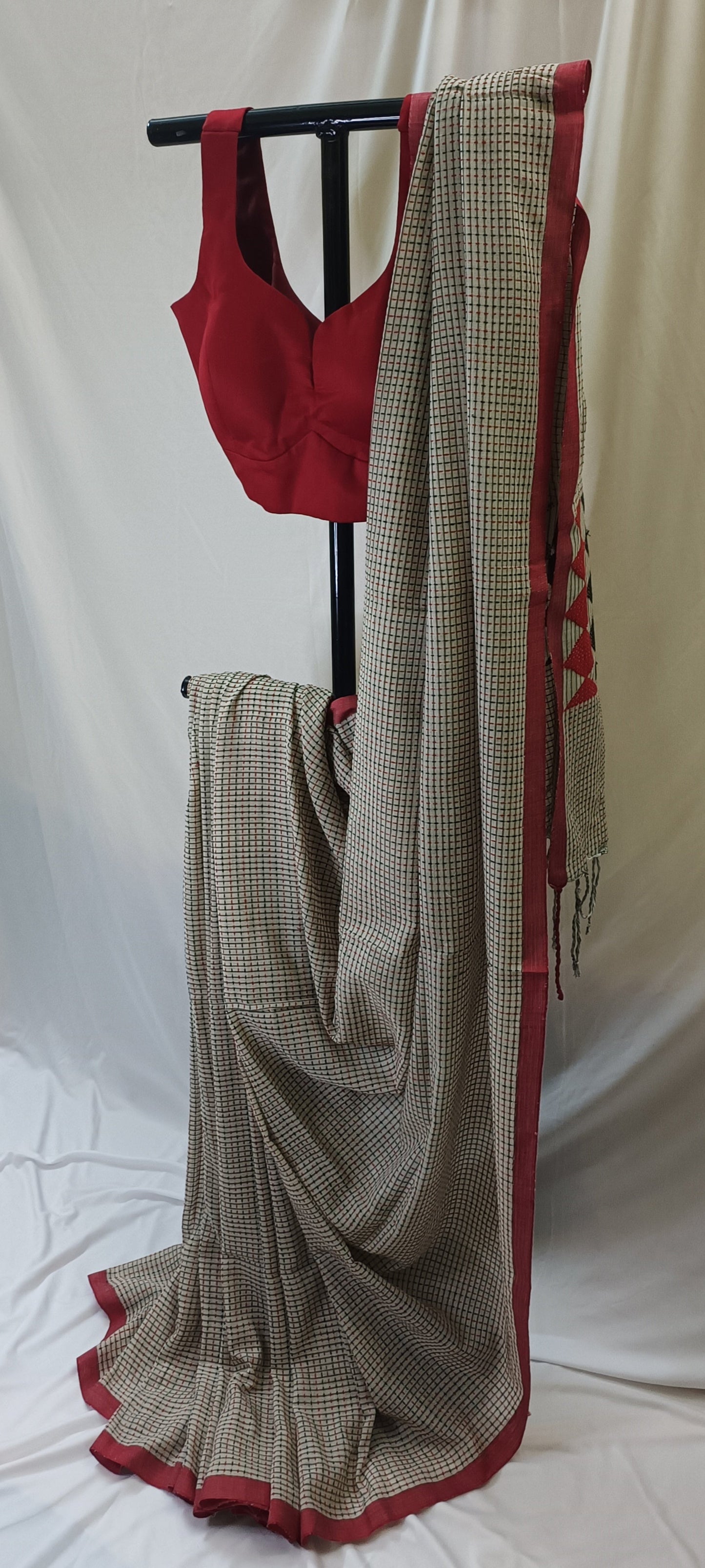 Memory Grid Kantha Stitch Cotton Saree