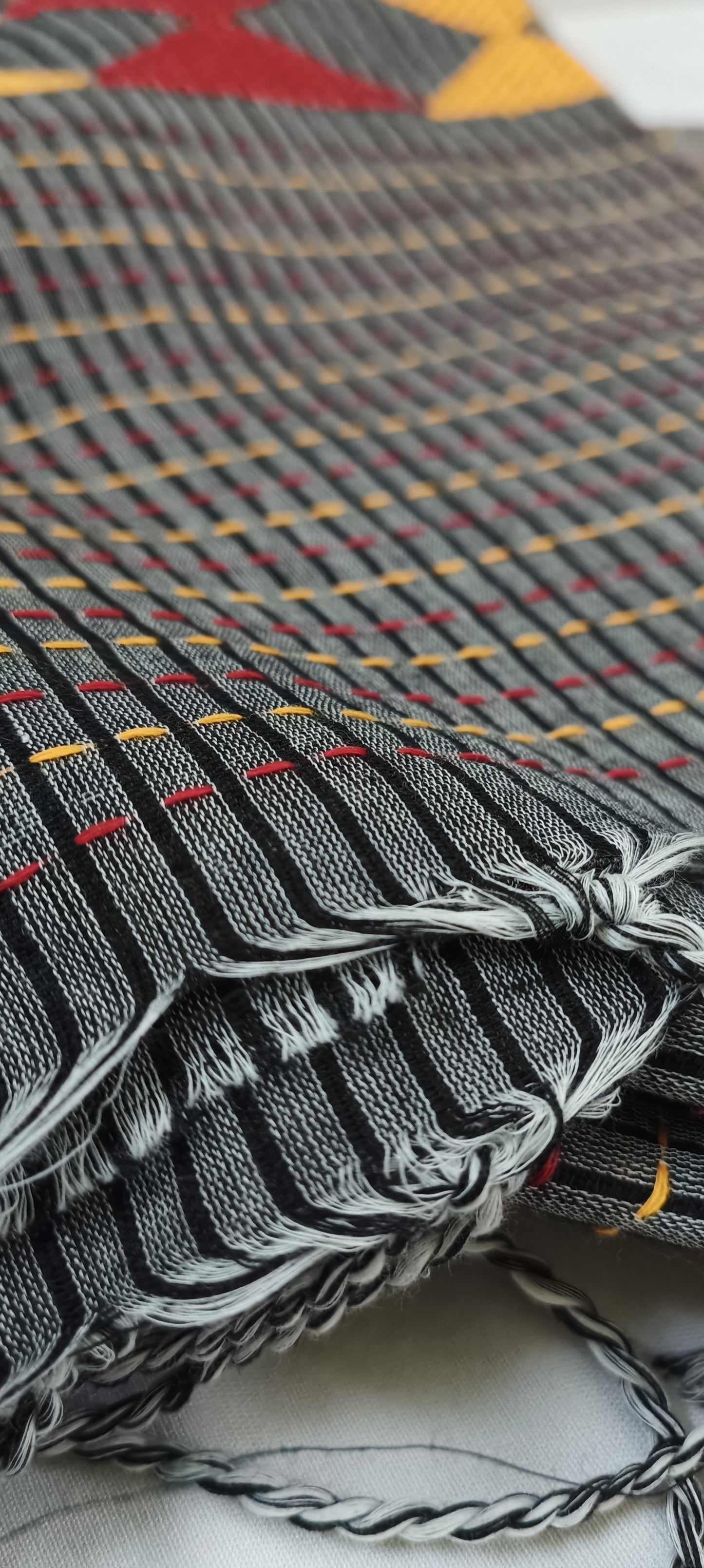 Charcoal Mosaic Kantha Stitch Cotton Saree