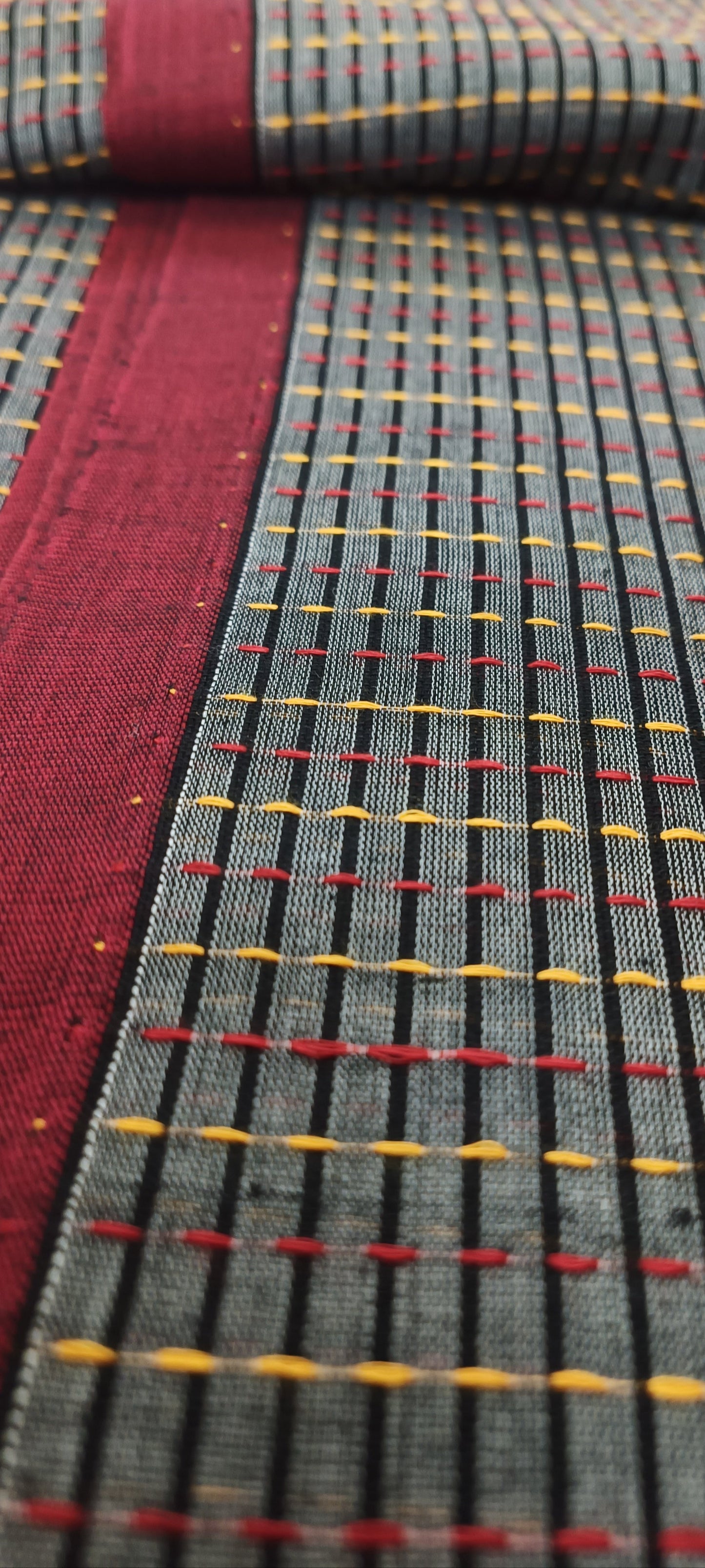 Charcoal Mosaic Kantha Stitch Cotton Saree