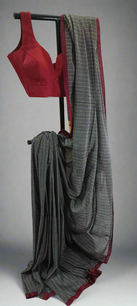 Charcoal Mosaic Kantha Stitch Cotton Saree