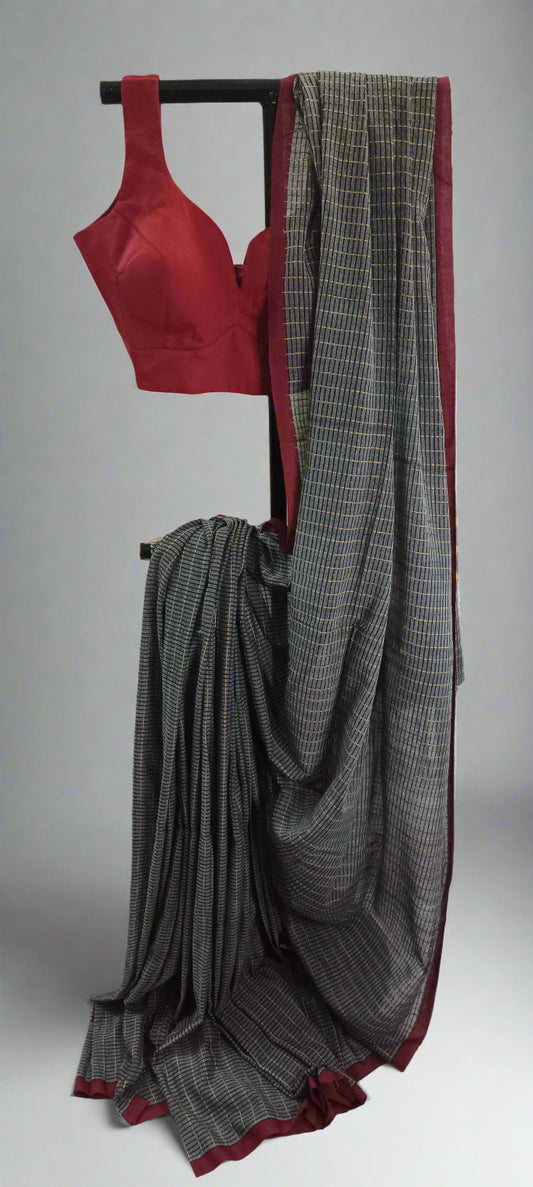 Charcoal Mosaic Kantha Stitch Cotton Saree