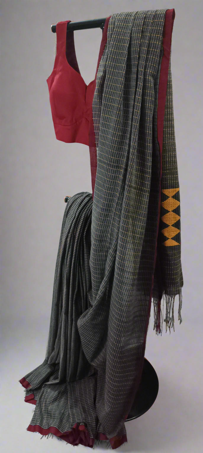 Charcoal Mosaic Kantha Stitch Cotton Saree