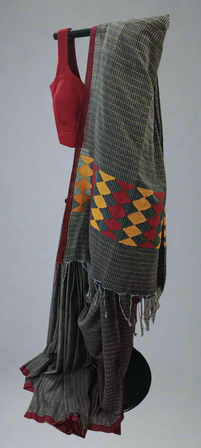 Charcoal Mosaic Kantha Stitch Cotton Saree