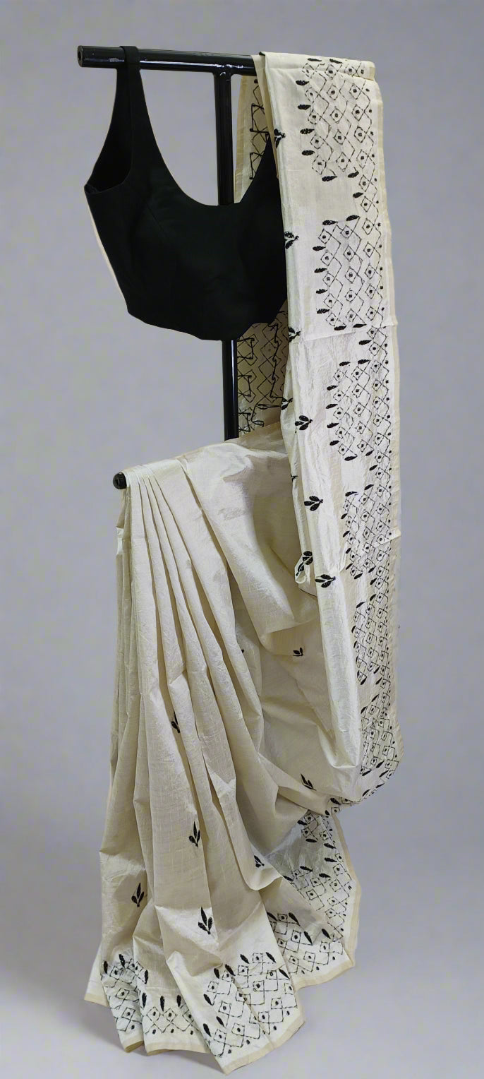 Shwetra–Noir Kantha Stitch Silk Saree