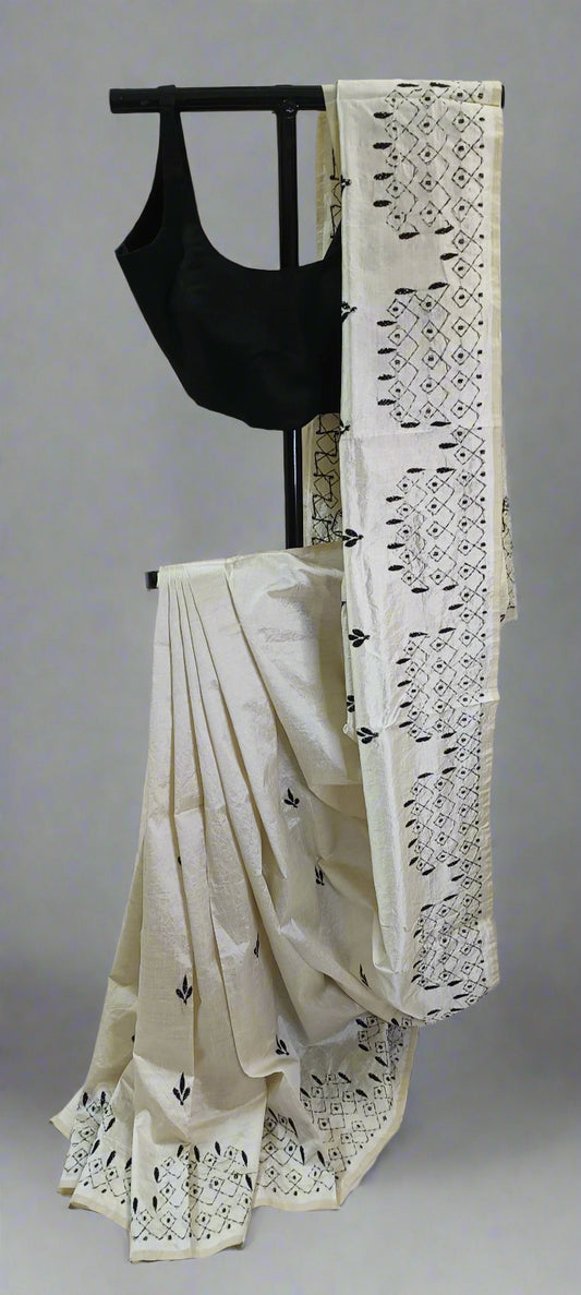 Shwetra–Noir Kantha Stitch Silk Saree