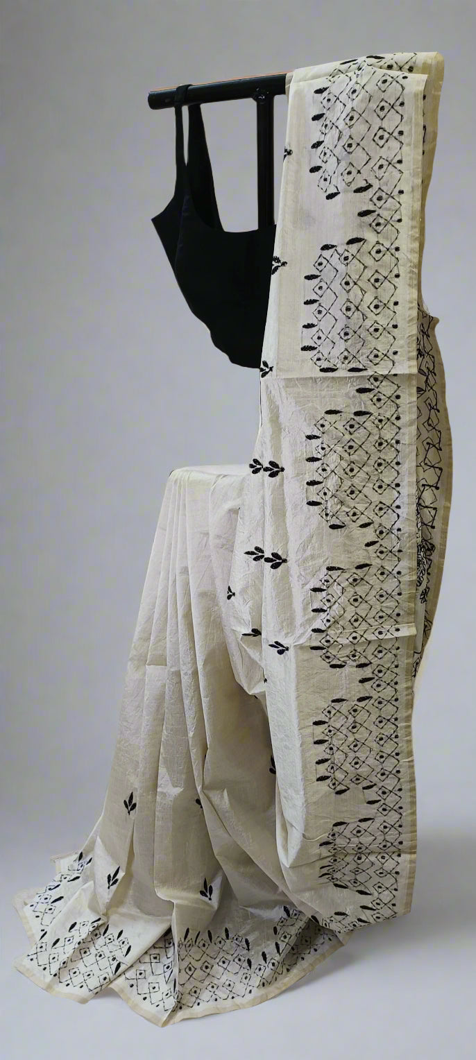 Shwetra–Noir Kantha Stitch Silk Saree