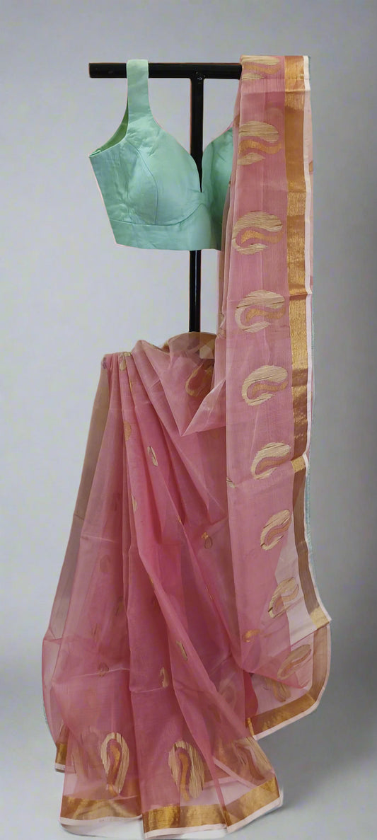 Rose Dust Gold Ghicha Muslin Saree