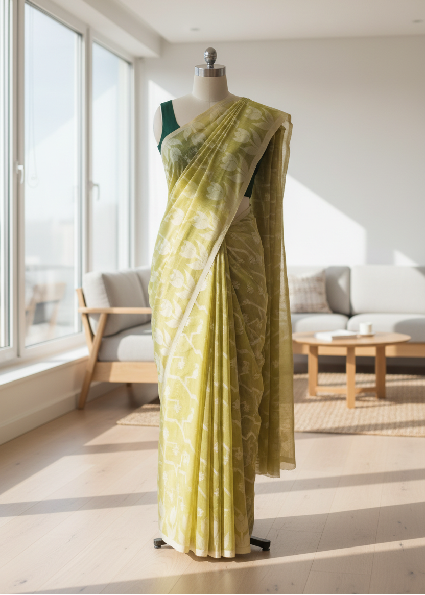 Green jamdani cotton saree on a mannequin in a modern living room setting