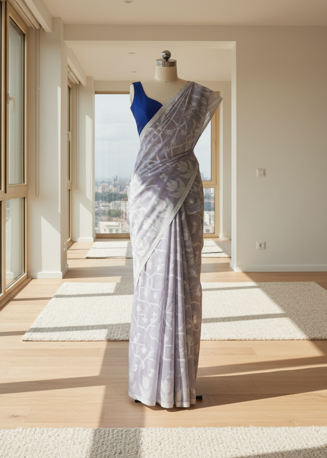 jamdani cotton Saree on a mannequin in a bright room with large windows