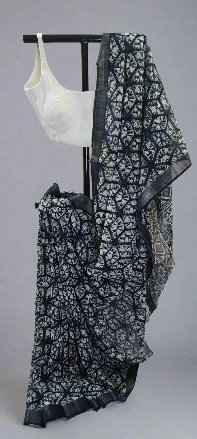 Eclipse Shadow Ajrakh Print Linen Saree