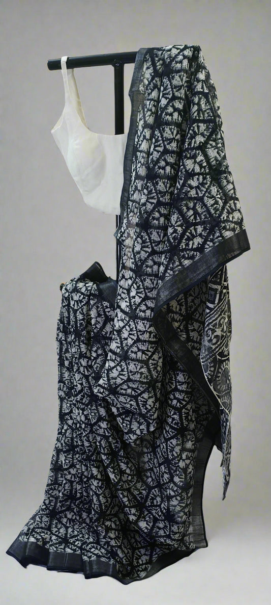 Eclipse Shadow Ajrakh Print Linen Saree