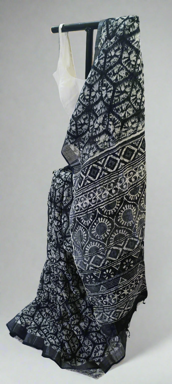 Eclipse Shadow Ajrakh Print Linen Saree