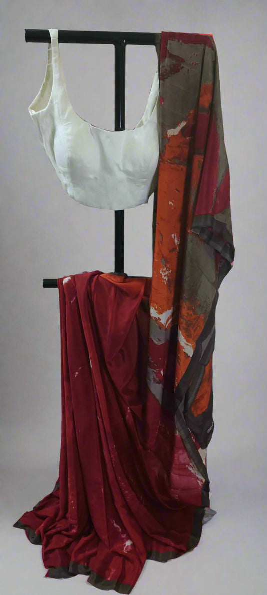 Firestroke Grey Abstract Chiffon Saree