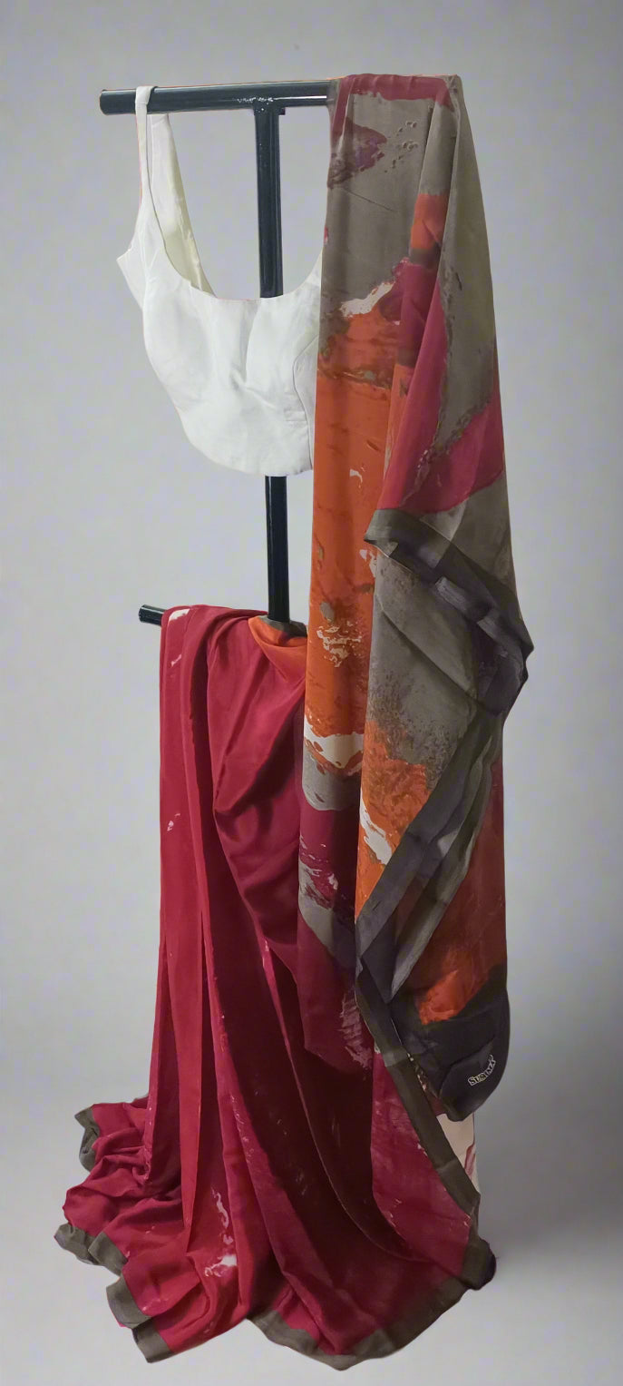 Firestroke Grey Abstract Chiffon Saree