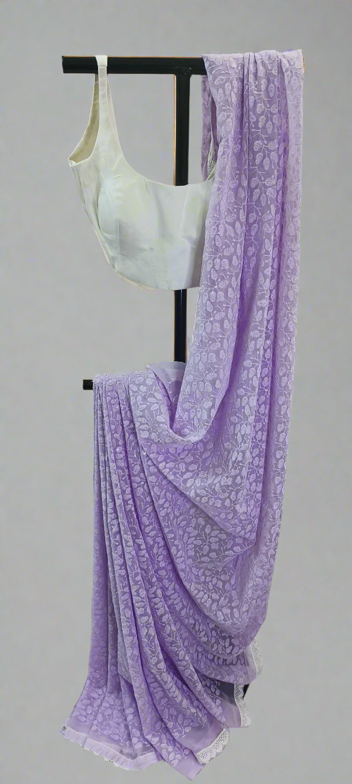 Lavender Whisper Chikankari Work Saree