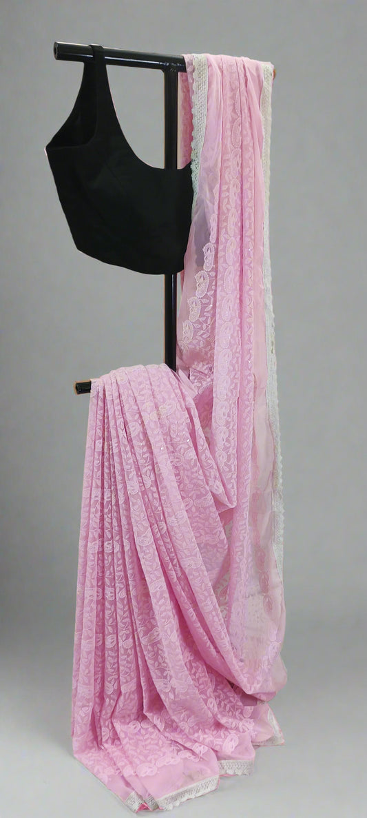 Gulaabi Reva Chikankari Work Saree