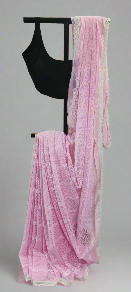 Gulaabi Reva Chikankari Work Saree