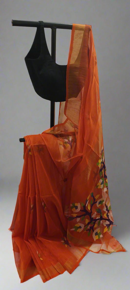 Amber Grove Muslin Saree with Tree Motifs