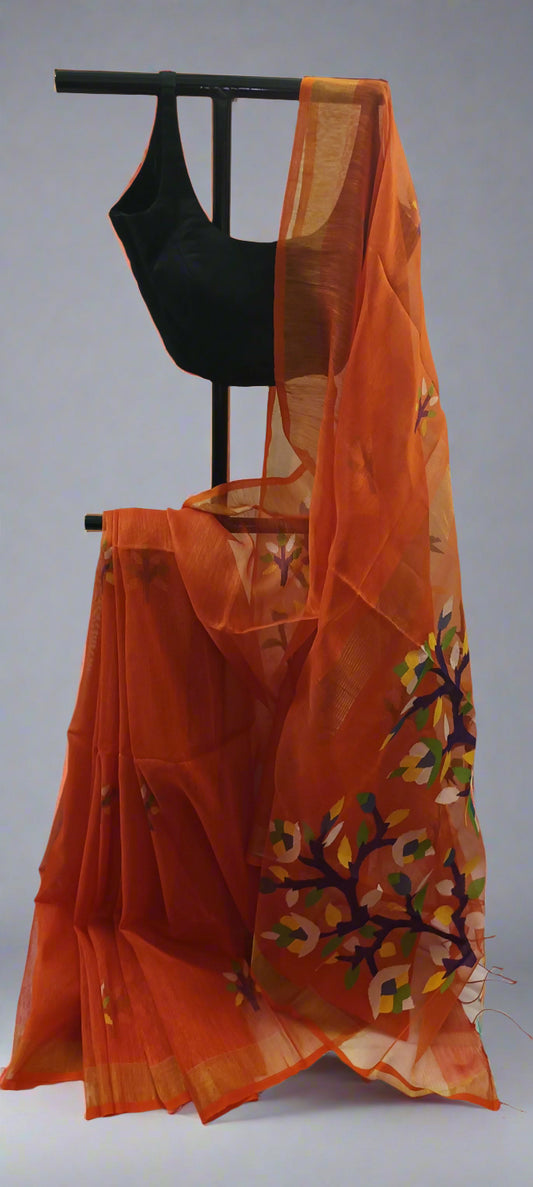Amber Grove Muslin Saree with Tree Motifs