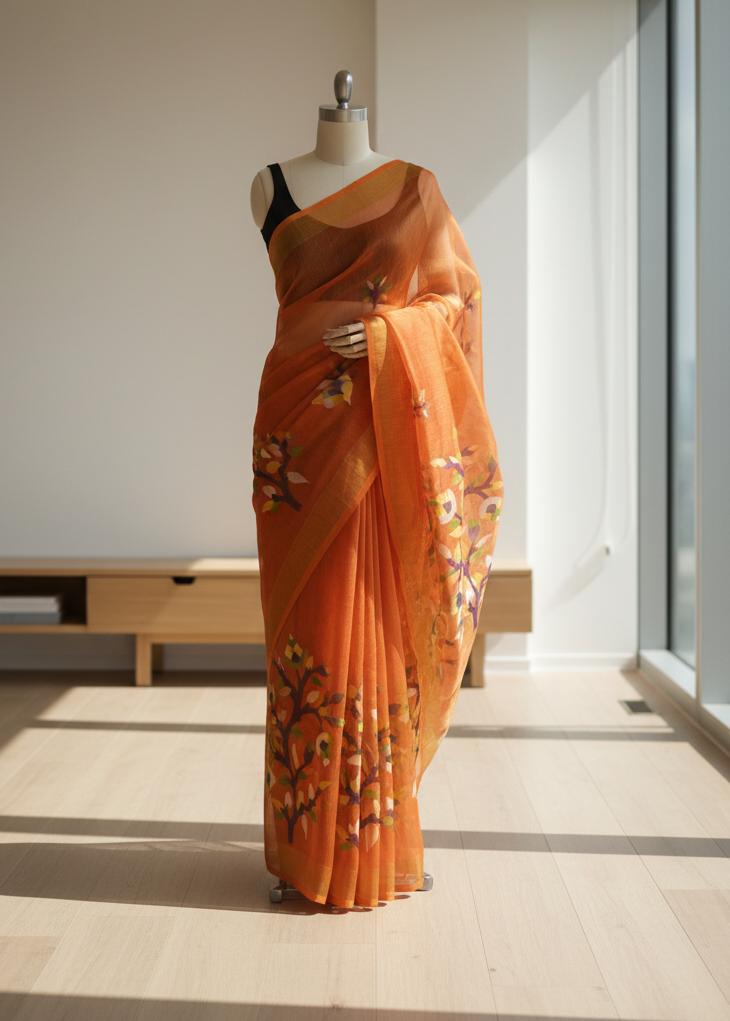 Orange organza saree with floral patterns on a mannequin against a minimalistic background