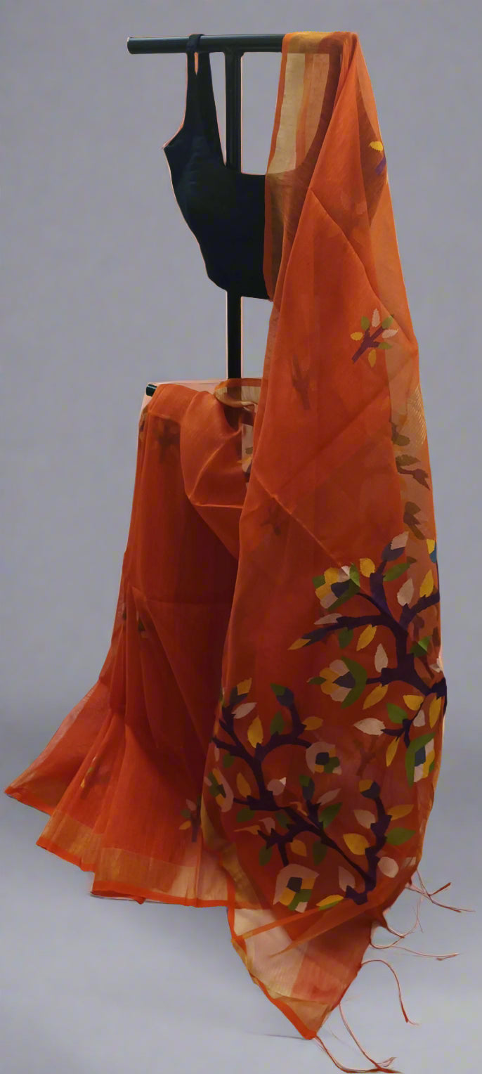 Amber Grove Muslin Saree with Tree Motifs