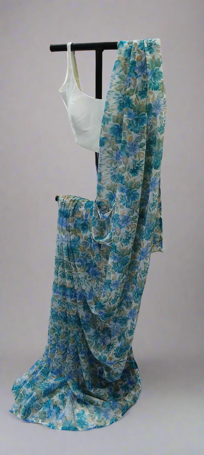 Aqua Petal Bloom Chiffon Saree
