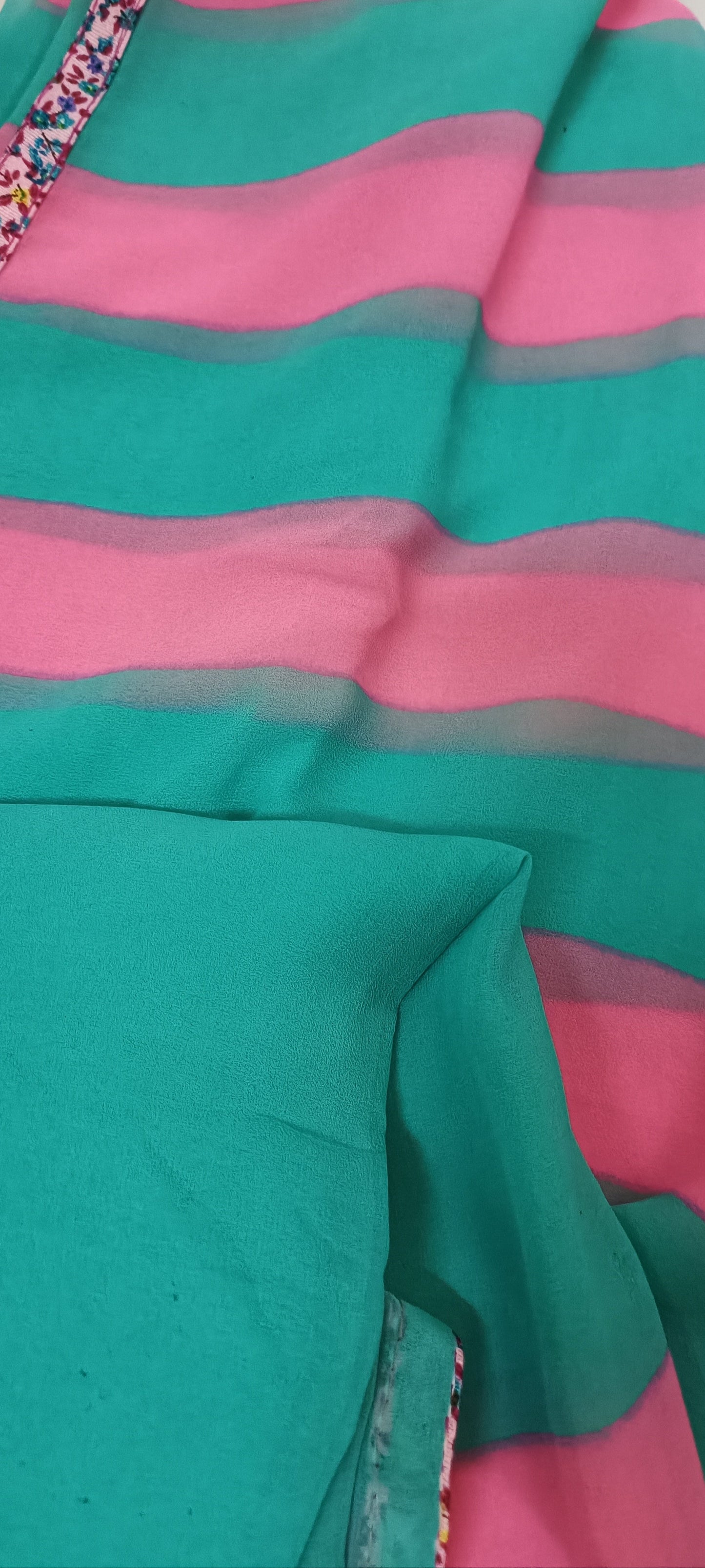 Bubble Mint & Blossom Stripe Chiffon Saree