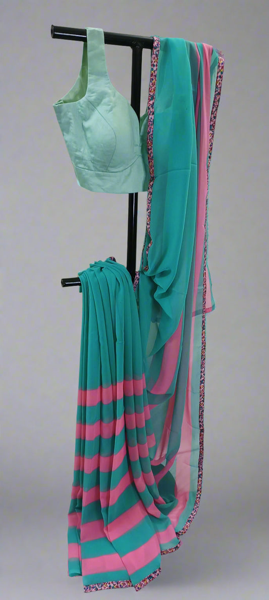 Bubble Mint & Blossom Stripe Chiffon Saree