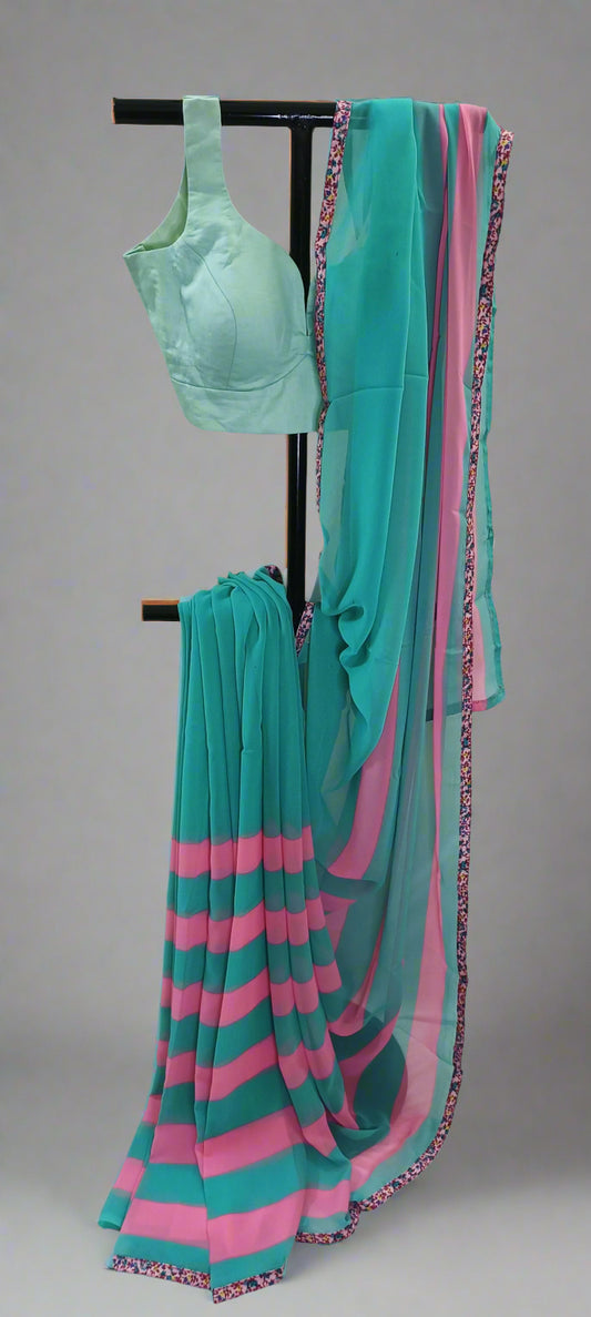 Bubble Mint & Blossom Stripe Chiffon Saree