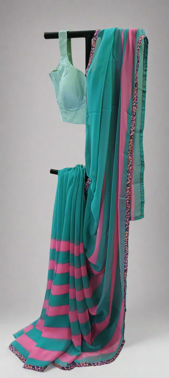 Bubble Mint & Blossom Stripe Chiffon Saree