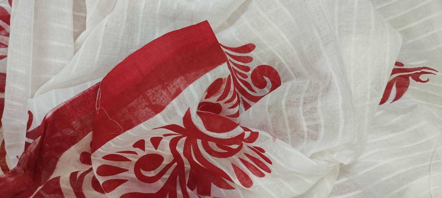 Utsav Shwet Cotton Hand Block Saree