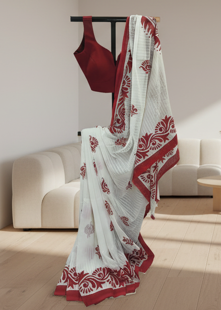 Utsav Shwet Cotton Hand Block Saree
